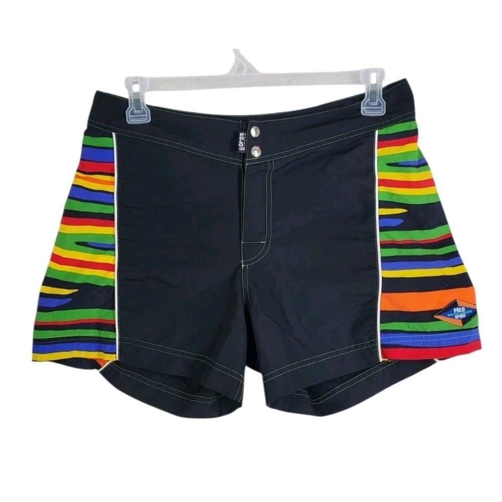 Vtg Y2K Ralph Lauren Polo Sport Shorts Swim Trunks Mens 32 Black Rainbow (33x5)